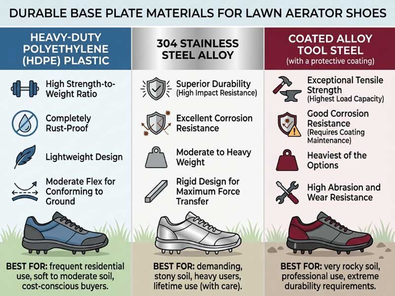 Durable base plate materials for lawn aerator shoes Base plate material comparison for aerator shoes