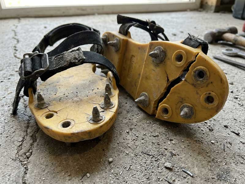 spike pull-out failure mechanics in epoxy shoes close-up diagram showing spike thread stripping and base material tearing around anchor point