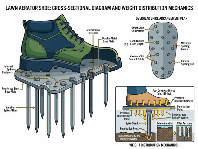 Cutaway view of aerator shoe spike pattern and weight distribution mechanics Diagram showing lawn aerator shoe spike arrangement and base plate design
