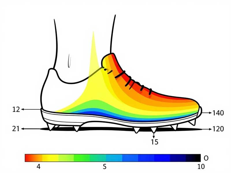 Mechanical stress analysis of spiked shoe impact loading Diagram showing impact force distribution through spike and baseplate during walking motion