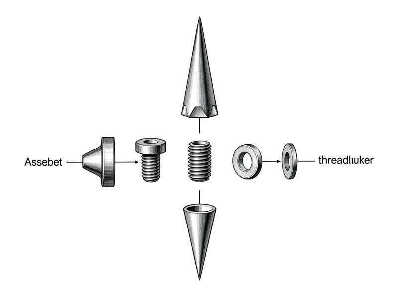 Proper spike installation technique with anti-loosening hardware Exploded view of spike assembly showing lock washer and threadlocker application