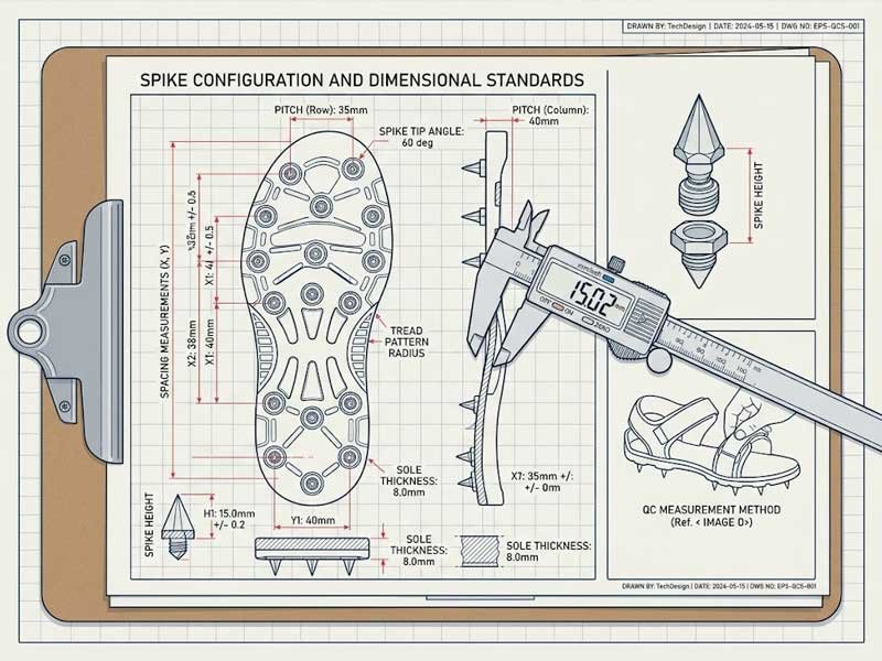 Spike geometry design specifications for floor coating application Technical diagram showing spike spacing and height measurements on epoxy shoes