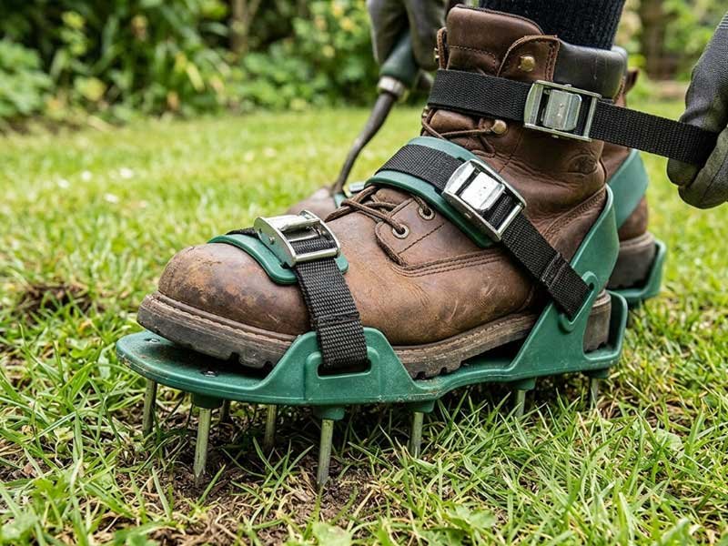 Strap-on format showing universal boot fit and adjustment mechanism Strap-on lawn aerator shoes with adjustable buckle straps