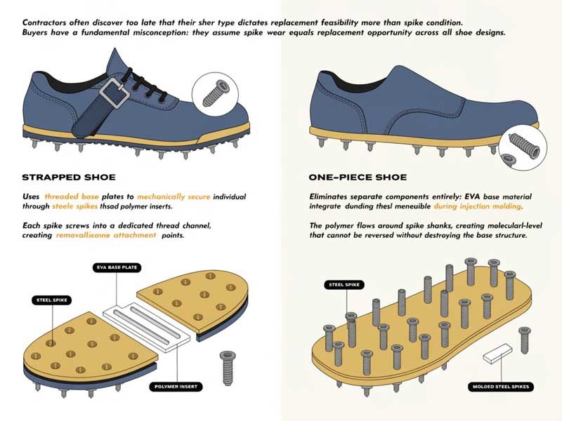 Structural difference between replaceable and permanent spike designs Close-up diagram showing threaded spike attachment in strapped shoe versus molded integration in one-piece shoe