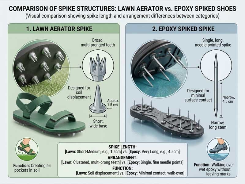 Visual comparison showing spike length and arrangement differences between categories Side-by-side comparison of lawn aerator shoe and epoxy spiked shoe spike structures