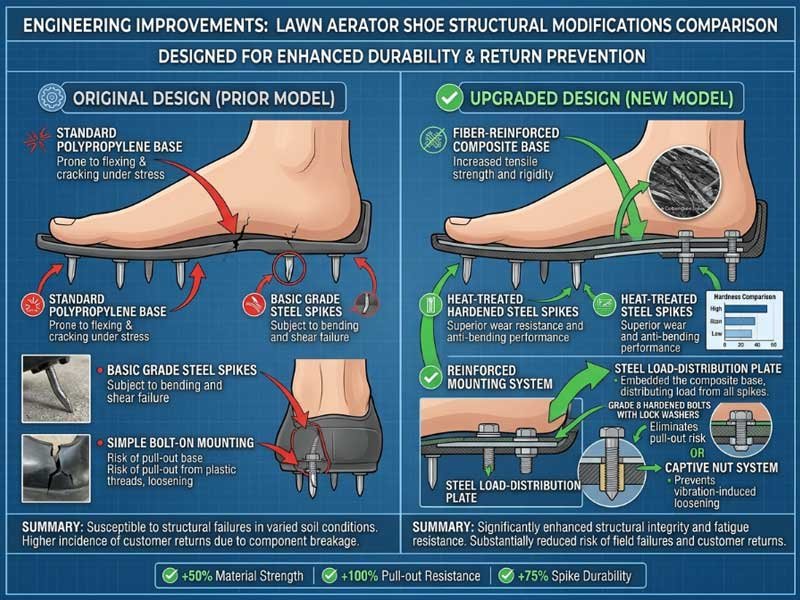 engineering improvements for lawn aerator shoes return prevention structural modifications comparison showing upgraded materials and reinforced mounting