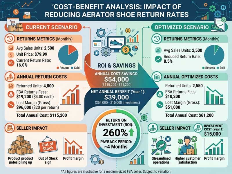 financial impact of reducing aerator shoe return rates cost benefit analysis chart showing return rate reduction ROI for fba sellers