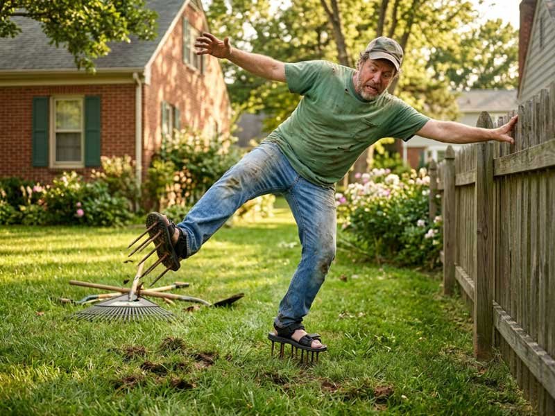 lawn aerator shoes with extra long spikes showing balance challenges person struggling with balance while wearing long spike aerator shoes
