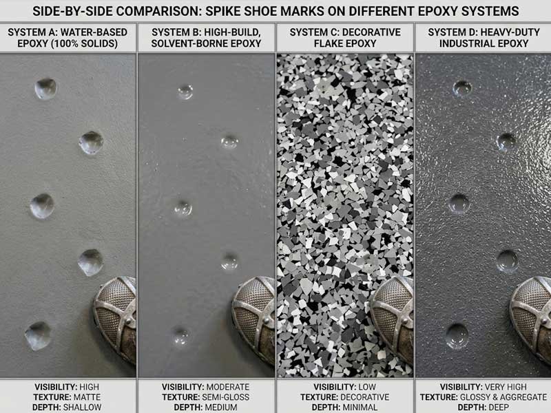 spike depth variations across epoxy viscosity types side-by-side comparison of spike shoe marks on different epoxy systems