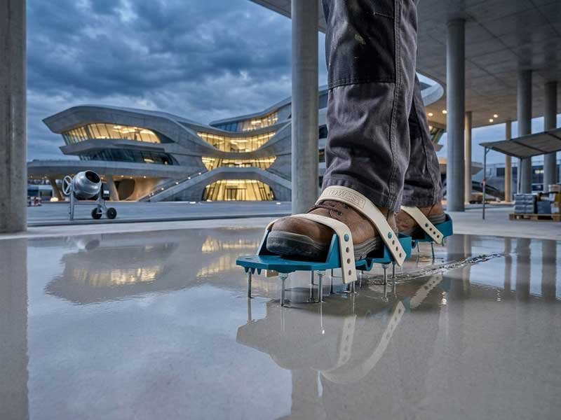 Epoxy Floor Contractor Spike Shoes On/Off Frequency epoxy floor contractor wearing spike shoes on jobsite application